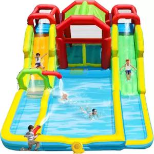 웰펀타임 풍선 워터 더블 슬라이드 파크 송풍기가 있는 그늘 텐트 바운스 하우스 암벽 2개 풀 3개