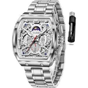 [미국배송] OLEVS 남성 시계 비즈니스 드레스 크로노그래프 빅 스퀘어 쿼츠 아날로그 실리콘 스트랩 방수 날짜 선물 손목시계 실버