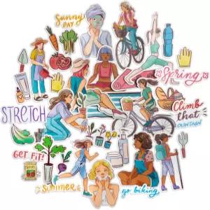 네이비 모란 써니 여성용 셀프 케어 레크리에이션 스티커 (37피스) - 피트니스 테마 소녀 방수 플래너