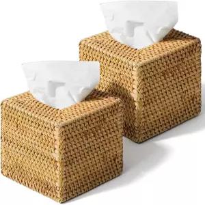 아프카바킬라 2팩 사각 라탄 티슈 박스 커버 천연 위커 홀더 손으로 짠 욕실 거실 사무실 자동차용 장식용