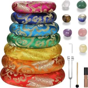 18개 티베트 노래 그릇 쿠션 세트 레인보우 실크 원형 7개 우드몰렛 128Hz 튜닝 포크 키트 차크라 스톤 -