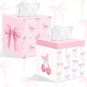 2개 핑크 보우 티슈 박스 커버 5.9 x 인치 나무 코켓 장식 홀더 사각 종이 타월 큐브 가정용 파티 용품용