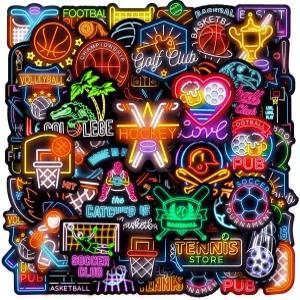 100개 네온 스포츠 테마 방수 비닐 스티커 - 축구 야구 농구 장식 및 파티 노트북 물병 스케이트보드 선물