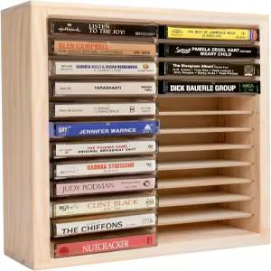 와라타 디자인 카세트 테이프 보관 랙 24슬롯 우드 홀더 벽걸이 또는 독립형 오디오 정리함 카드 보관함