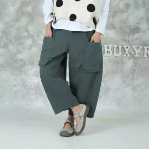 벅시루 여성 날개포켓 면 합포 여자 봄가을 밴딩 통 8부 배기바지