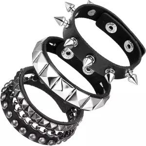 KFHENSOMR 펑크 스터드 팔찌 4개 블랙 가죽 스파이크 커프 록 리벳 이모 랩 뱅글 스냅 버튼 메탈 손목 밴드
