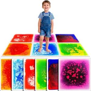 유아용 감각 액체 바닥 매트 - 6피스 놀이 팩 자폐증용 12인치 x 사각 퍼즐 용암 벽돌 댄스 스텝 유치원