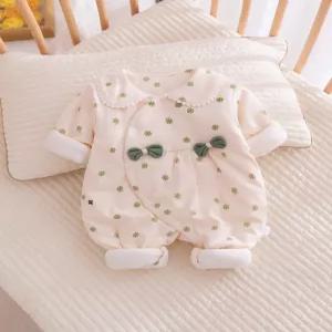 베이비 롬퍼 신생아 겨울용 보온 꽃무늬 진주 칼라 리본 원피스