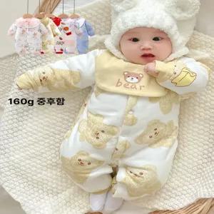 베이비 롬퍼 신생아 겨울 트렌디 곰 자수 곰 귀 후드 160g 원피스