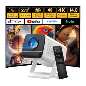 WiFi 및 양방향 블루투스 1080P 4K 지원 스마트 안드로이드 14 OS 오토 키스톤, 넷플릭스, 유튜브, 프라임 비디오, 디즈니와 호환되는 침실용 미니 휴대용