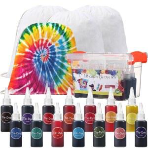 빈크림 18색 타이 염색 키트, 12개의 빈 타이 염료 드로스트링 백 원단 염료, 고무 밴드, 장갑, 플라스틱 필름 및 가족 친구 그룹 파티 용품용 테이블 커버 포함