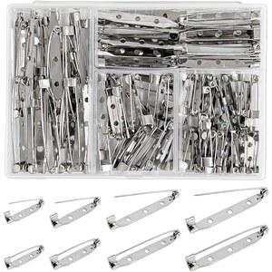 100개의 브로치 핀 백, 잠금 안전 걸쇠가 있는 은색 막대 핀, 4 사이즈(20 / 25 / 38 / 45mm), 주얼리 제작용 플라스틱 상자가 있는 안전 핀 이름표 배지 DIY 공예품