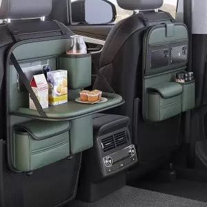 호환  컵 홀더 및 보관 포켓이 포함된 범용 카시트 등받이 정리함 - 뒷좌석 보관을 PU 가죽 접이식 트레이