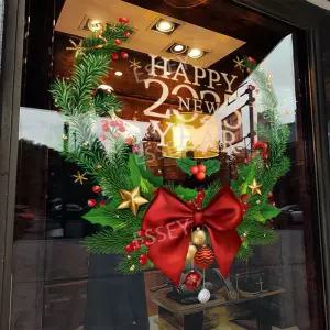 창문스티커 레드 왕리본 화환 리본 해피뉴이어 크리스마스 리스 2026 비점착 시트지 유리창