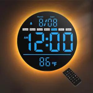 라이크 디지털 월 시계 8인치 LED 디스플레이 리모컨이 있는 원형 플러그인 밝기 조절 DST 타이머 온도