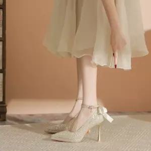 여성용 프렌치 스틸레토 리본 스팽글 힐 수화 웨딩 드레스 가보시 하이힐 단화 투웨이 크리스탈 슈즈 원픽5