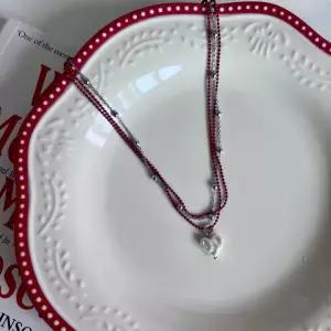 소품샵 레드 레이어드 진주 포인트 초커 목걸이 패션목걸이 라인 하트