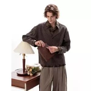 남성용 블랙 빈티지 투피스 코트 체크 휴가 봄가을 하프코트 재킷 카디건 패치 admr3