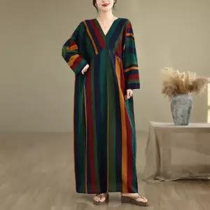 여성용 원피스 가을 슬림핏 빅사이즈 긴팔 브이넥 면마 얇은 플라워 프린트 스트라이프 프렌치 원픽3