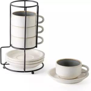 JIEMEI 홈 도자기 스태커블 에스프레소 컵과 접시 스페셜티 커피 음료용 데미타스 컵 4온스 카페 모카 티