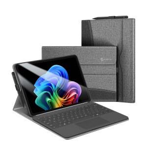 FINTIE 마이크로소프트 서피스 프로 홀더가 12인치 다각도 비즈니스 커버 포켓 2025 포트폴리오 있는 호환 타입 보호 케이스 보기 TPU 스타일러스 키보드와 그레이