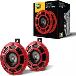 HELLA 003399801 슈퍼톤 12V 하이톤/로우톤 트윈 혼 키트(빨간색 보호 그릴 포함) 2개