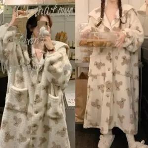 여자수면잠옷 여성 극세사 수면 가운 곰돌이 겨울 홈웨어 잠옷 1P