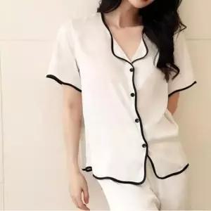 여성잠옷 여성 새틴 실크 반팔 잠옷 파자마 홈웨어 파이핑 세트