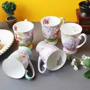 손잡이컵 라일락 꽃패턴 머그컵 커피잔 도자기컵 선물 5P 세트