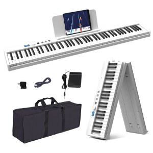 코닉스 접이식 피아노 키보드, 88키 풀사이즈 세미 웨이트 키보드 피아노, 악보 스탠드가 있는 휴대용 블루투스 전기 서스테인 페달 및 가방, 화이트