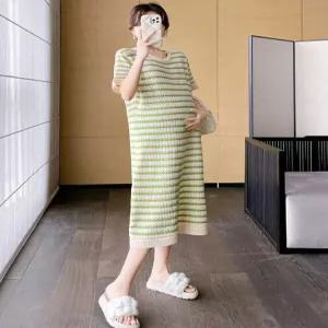 임산부 임부복 여름 원피스 시원한 스트라이프 니트 롱 그린 넉넉핏