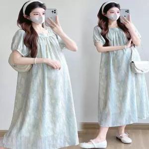 임산부 임부복 여름 얇은 원피스 타이다이 스타일 퍼프 소매 홈웨어