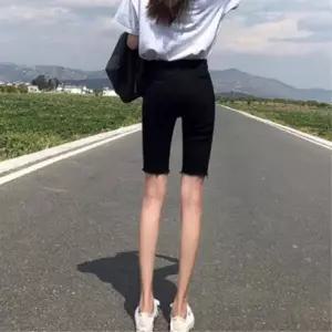 여성용 하이웨스트 블랙 스판 5부 스키니 팬츠 (39184792)