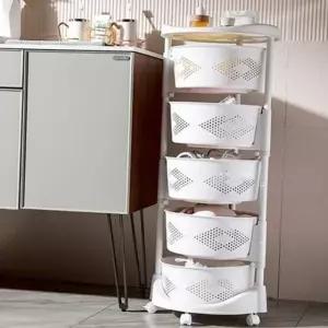원형 이동식 선반 이동식 수납 트롤리 바퀴형 회전 3단 다단 욕실수납선반 플라스틱 통기성 탈부착 바구니