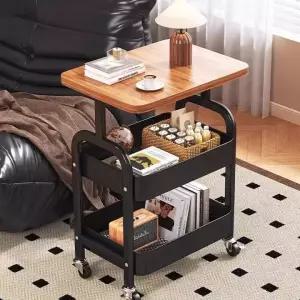 MNPP 이동식 철제 트롤리 카트 원목 상판 2단 3단 협탁 틈새 간식 기저귀 수납 정리