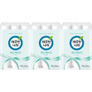 깨끗한나라 2겹데코 에코베이직 화장지 40mx30롤x3개/ 두루마리