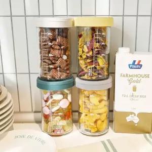 [헥사] 슬림 원통형 눈금 밀폐 유리병 400ml 실리콘뚜껑 4종세트