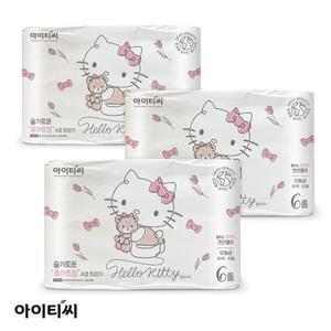 헬로키티 슬기로운 종이포장 4겹 양면더블데코 롤화장지 20m, 6롤 3팩, 18개입