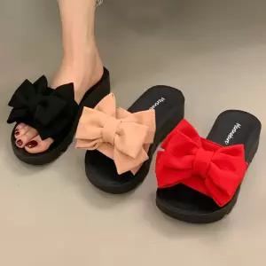 [오늘출발] 메르나뛰 자체제작 왕리본 패브릭 여성 러블리 통굽 슬리퍼 4cm A012