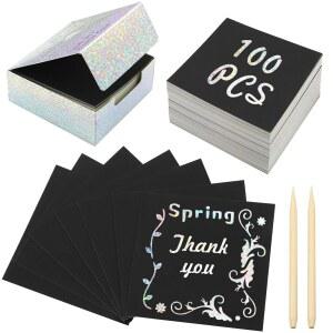 KSIWRE 100 PCS 미니 무지개 스크래치 노트 아트 실버 글리터 페이퍼 학생 교실 활동을 위한 DIY 크래프트 3.3 x3.3