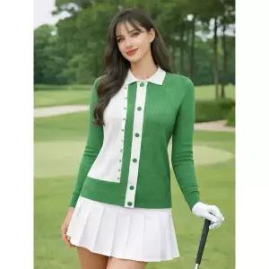 [아웃도어스/데니스골프]26SS신상 여성 울 블렌디드 쁘띠카라 레터링 니트가디건_HD4SLSP993