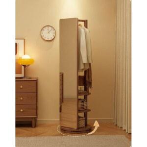 원목 회전형 전신거울 노프레임 대나무 수납 회전형/우드 겸용 호두색상 선반형