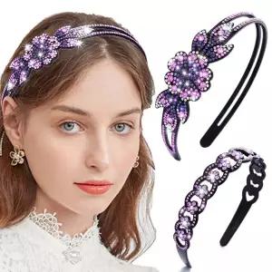 여성용 코리디 퍼플 라인스톤 머리띠 크리스탈 플로럴 비쥬얼 헤어밴드 더블 로우 논슬립 헤어 후프A퍼플