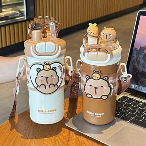 카피바라  빨대 보온컵 316 스테인리스 스틸  캐릭터 이중 음용 대각선 크로스 여행용 물병