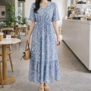 블루가든 플라워 스트링 롱 원피스 꽃무늬 원피스 휴양지룩 바캉스 드레스 여름 코디