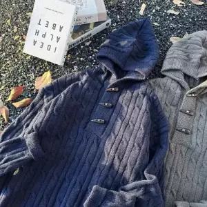 남자 니트 빈티지 기모 후드집업 솔리드 꽈배기 커플 멋짐폭발 스웨터 점퍼 소뿔 후드 OOTD1