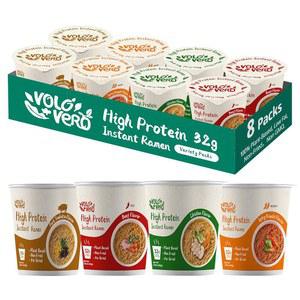 볼로 베로 고단백(32g) 라면 인스턴트 라면 컵, 8캔, 버라이어티 팩 - 닭고기, 돼지고기 통코츠, 매운 소고기, 김치 - 식물성, , 비프라이드, 저지방, 비GMO, 한 패스트푸드