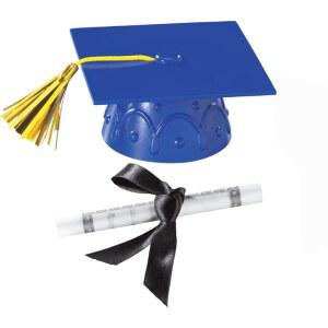 대형 디플로마 케이크 토퍼가 있는 블루 플라스틱 졸업 캡 토퍼