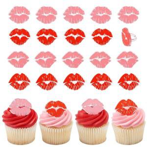 데코팩 발렌타인데이 결혼식 약혼식 학사모 기념일 안전 케이크 토핑 24팩으로 키스 링 24 레드 립 컵케이크 장식 24팩