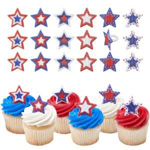 아메리칸 스타 컵케이크 링 24 데코팩 스트라이프 케이크 토퍼 7월 4일 독립기념일 레드 화이트 블루 아메리카 24팩